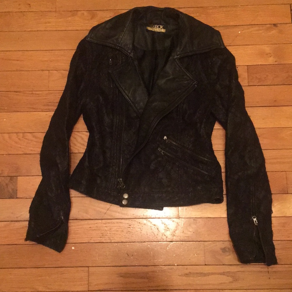 One of a kind lace covered leather jacket
